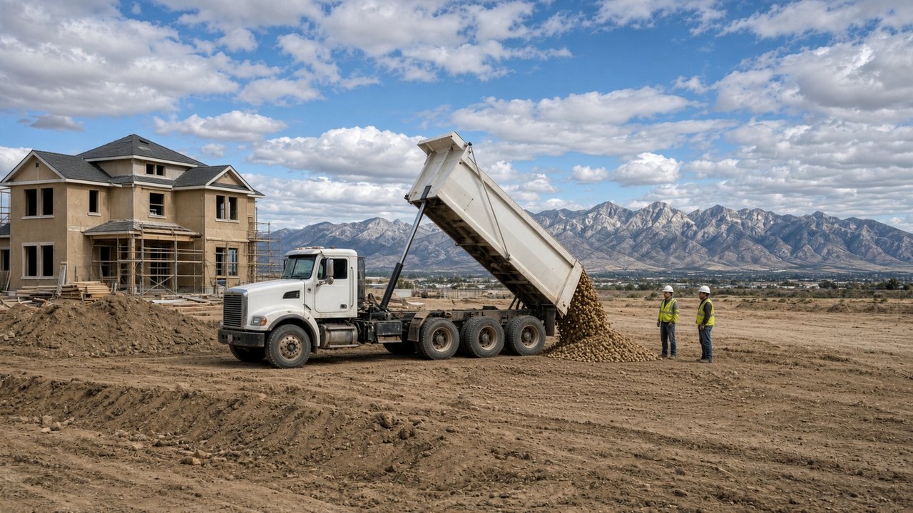 Dump truck unloading landscape rock on a Utah driveway