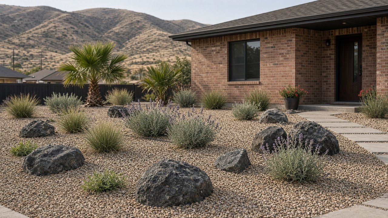Finished xeriscape with beach pebbles and ornamental grasses